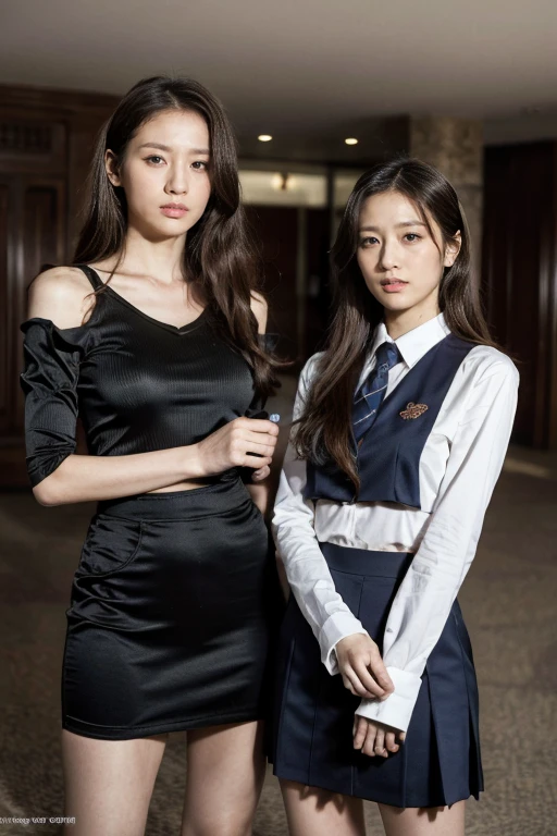 highest quality，ridiculous，Dramatic，2 Arav ladies wearing realistic school uniforms，2 female students，Very detailed details of the face，Real skin texture，HD Skin，Standing in a square filled with futuristic mechanical items, Still image of 007, Pageant rendering, Mechanical Elf, Luxury, Shoulders visible, Network mode, Still frame from movie - ar 16:9 