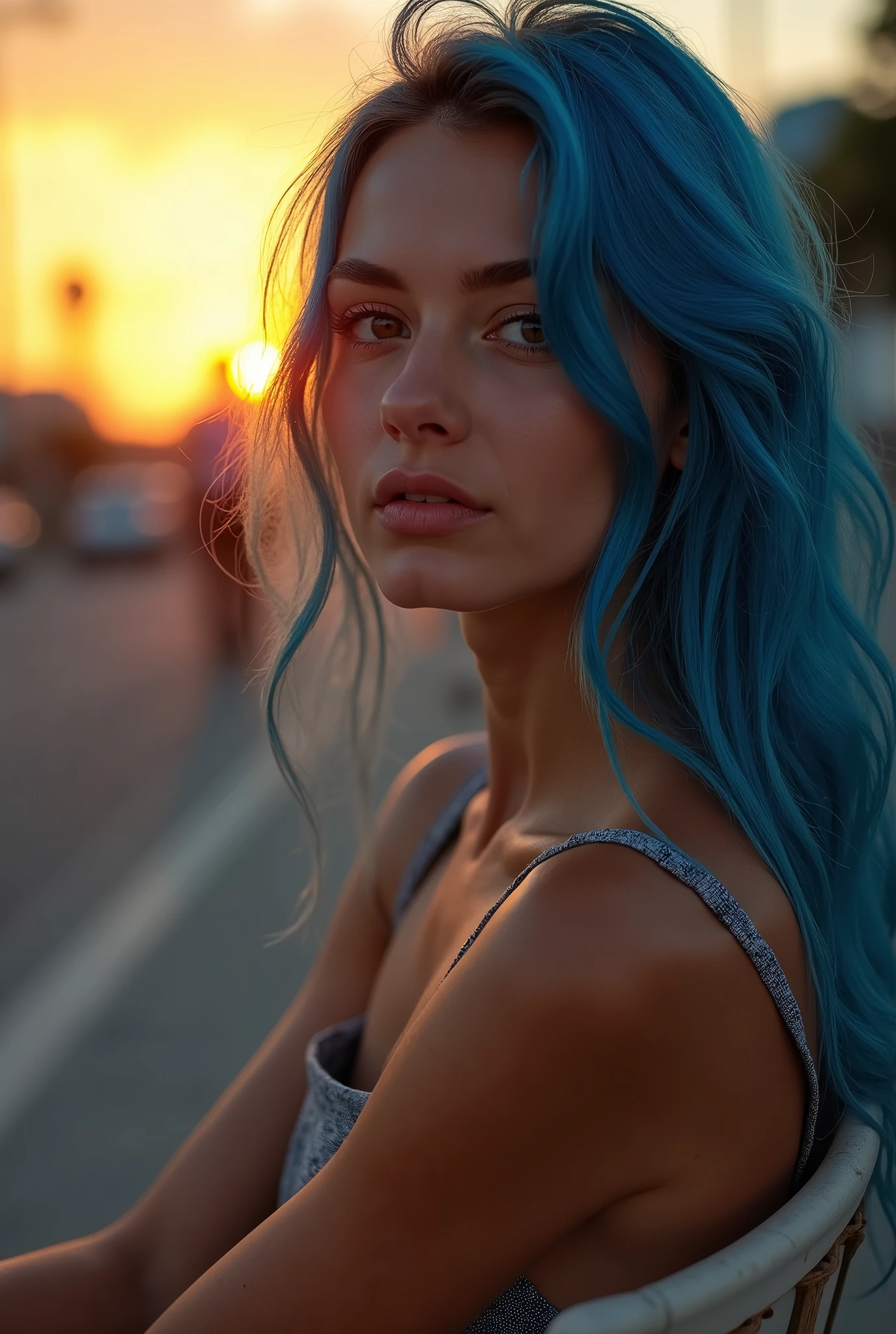 russian woman, 20 year, hair blue, streets of Brazil, sunset, sitting on the chair,