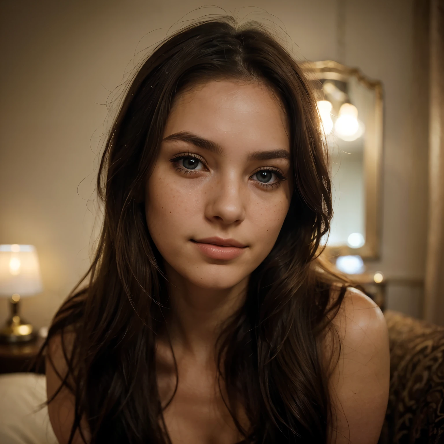 Create a soft, intimate portrait of a young woman set against a dark, blurred background. The setting appears to be indoors, and the mood is peaceful and serene. The lighting is low and warm, casting a gentle glow on her face while leaving the background intentionally blurred, creating a subtle bokeh effect. The light source comes from an off-frame lamp or ambient lighting, providing a dim but flattering highlight to her skin. 25 year old gorgeous woman, small breast, detailed skin face and eyes, long hair, low contrast, natural face, freckles around her nose, dark blonde hair, brown and blue eyes, shown looking down with her eyes gently closed, smiling softly as if lost in thought or a moment of quiet reflection. She has long, wavy brunette hair that falls naturally over her shoulders, with a single lock of hair casually falling across her forehead. Her makeup is minimal, enhancing her natural beauty, with soft eyeliner and nude lipstick. The framing of the image is circular, with the focus tightly cropped on her face and shoulders. The background is mostly out of focus, blending into soft, dark tones, which helps draw attention to her calm expression. The overall tone of the image should feel intimate, warm, and relaxed, with an emphasis on natural beauty and quiet contemplation.