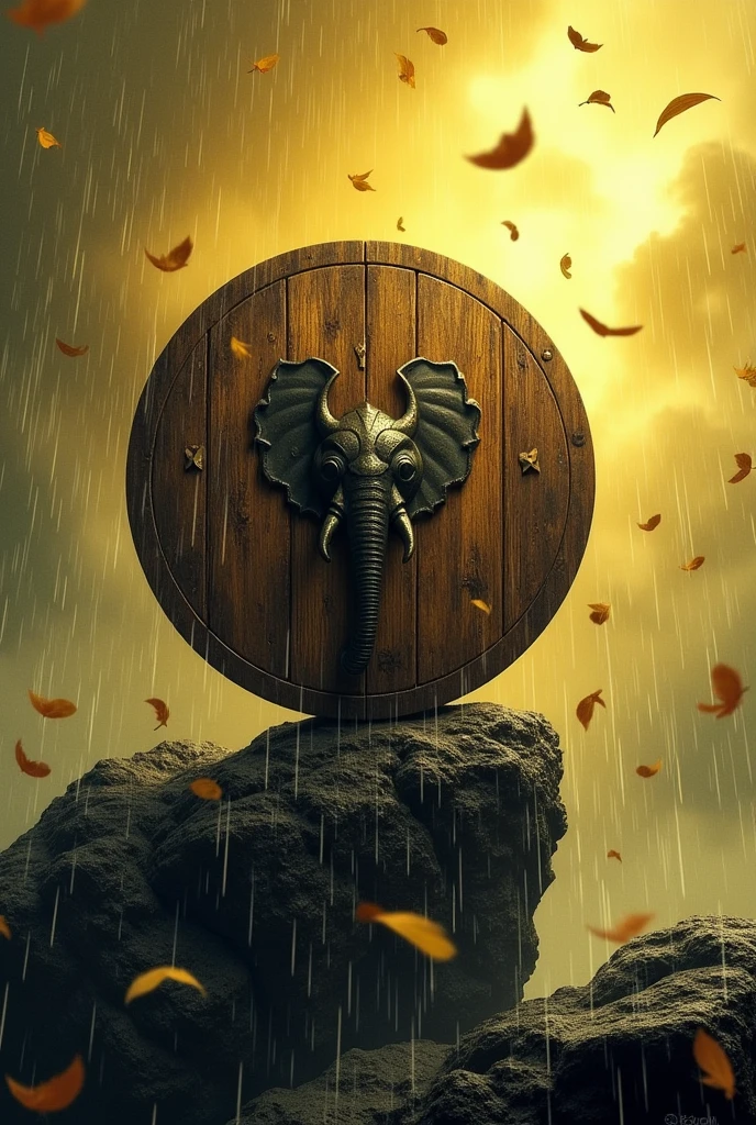 Earth power included round shaped wooden sharpe shield on black rock with heavy rain and yellow thunder weather condition, There should be elephant symbol on the shield. With some leafs on flaying on air