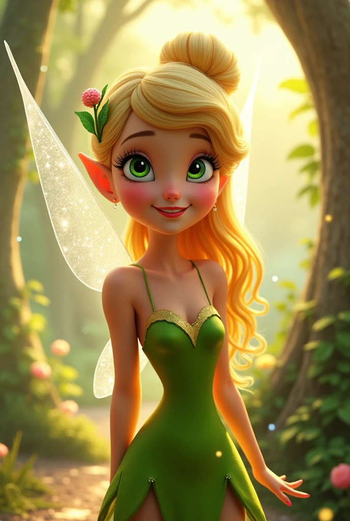 Make the human version of Tinkerbell, with blond hair and green eyes, glad.