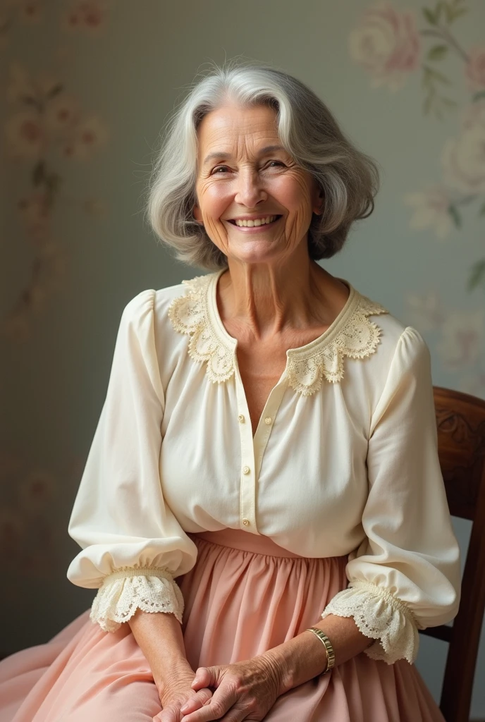 An older grey-haired lady with skirt and white blouse with lace smiling