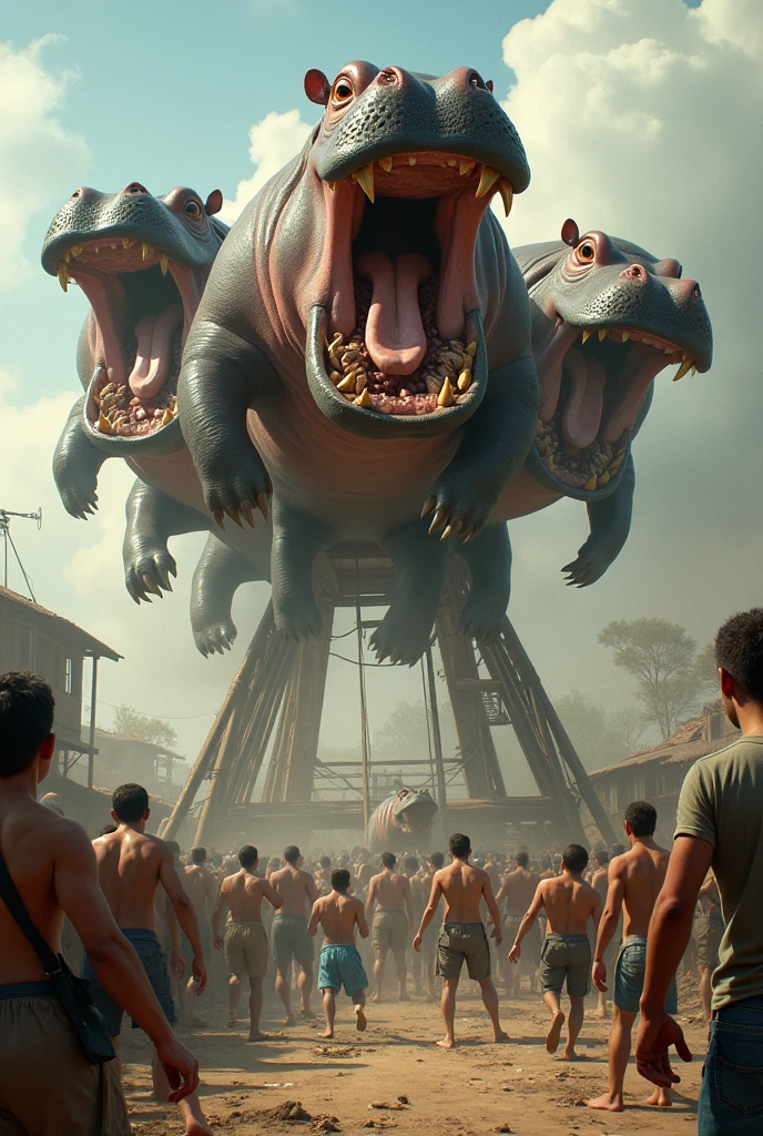A catapult throwing some rabid hippos biting some people
