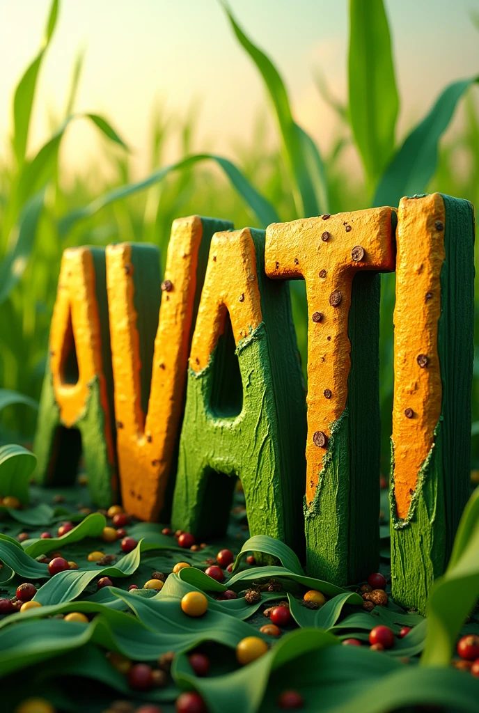 The word AVATI, written in capital letters and in bold letters, painted inside the letters with colors (green and yellow)
and characteristics of corn