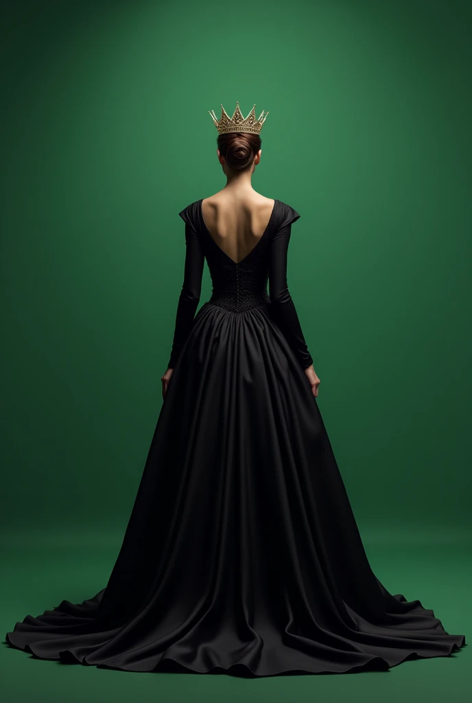 crown on the head ,A queen , black queen dress, rear full viewed , long view
, plain green screen background