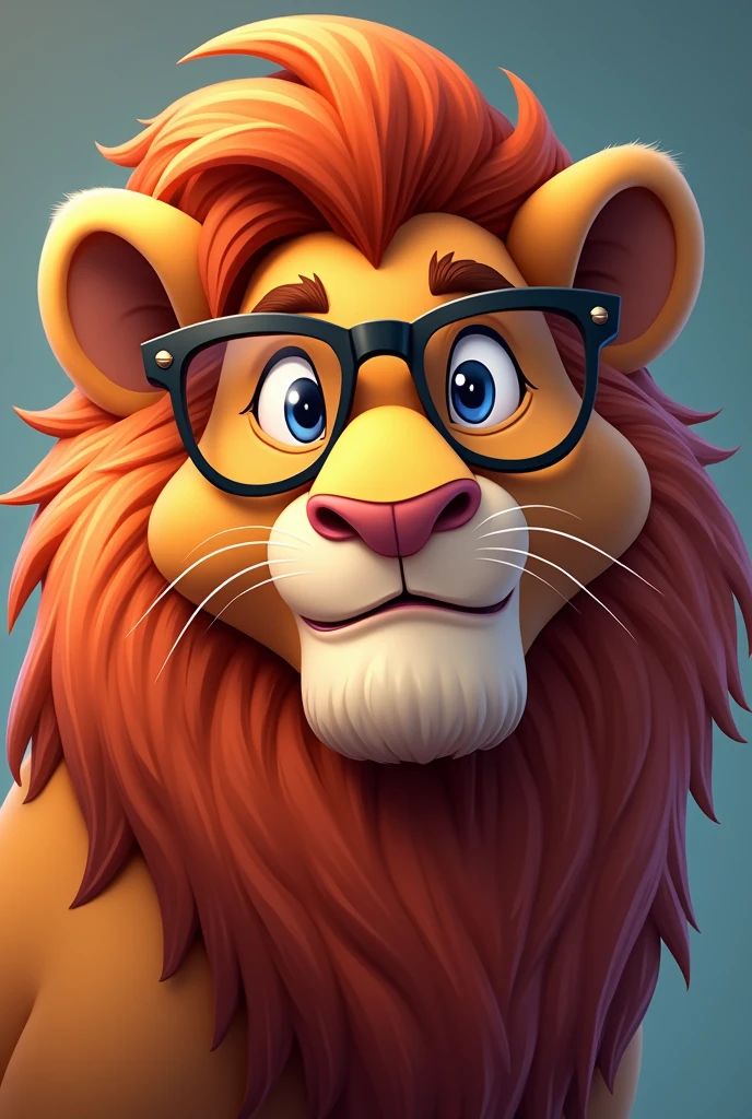 Smooth Quality, Ultra 8k HD, Male lion cartoon with glasses, Face only