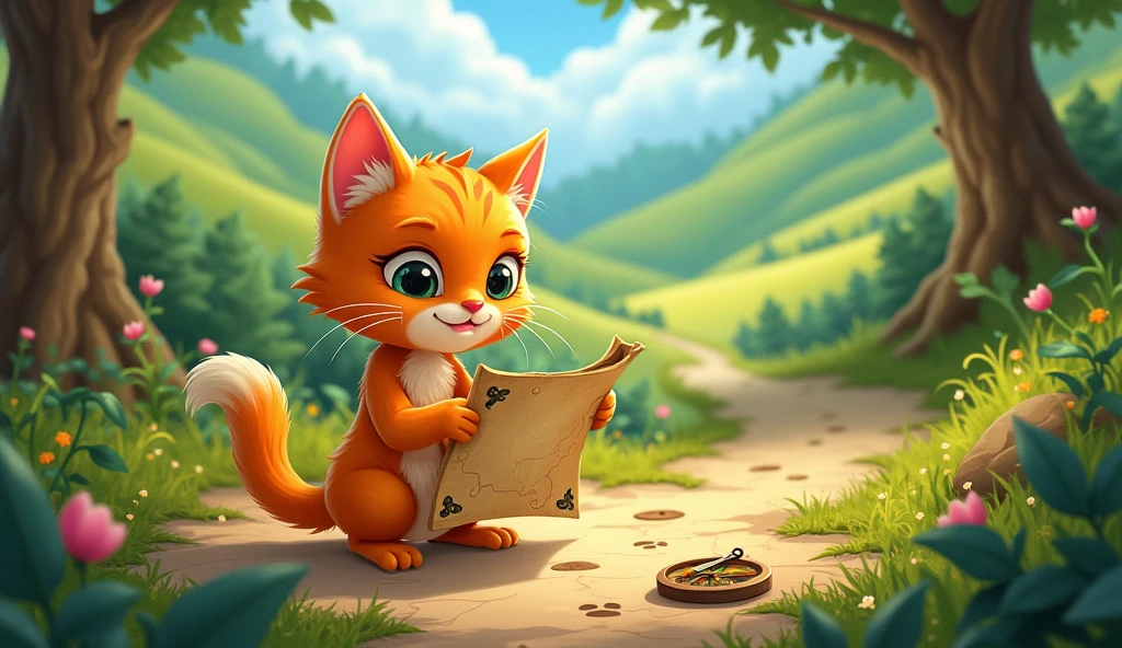 ,Whiskers, a curious orange cat, found a mysterious map with a note that read, "Follow the clues to find the Hidden Treasure of Whiskerland