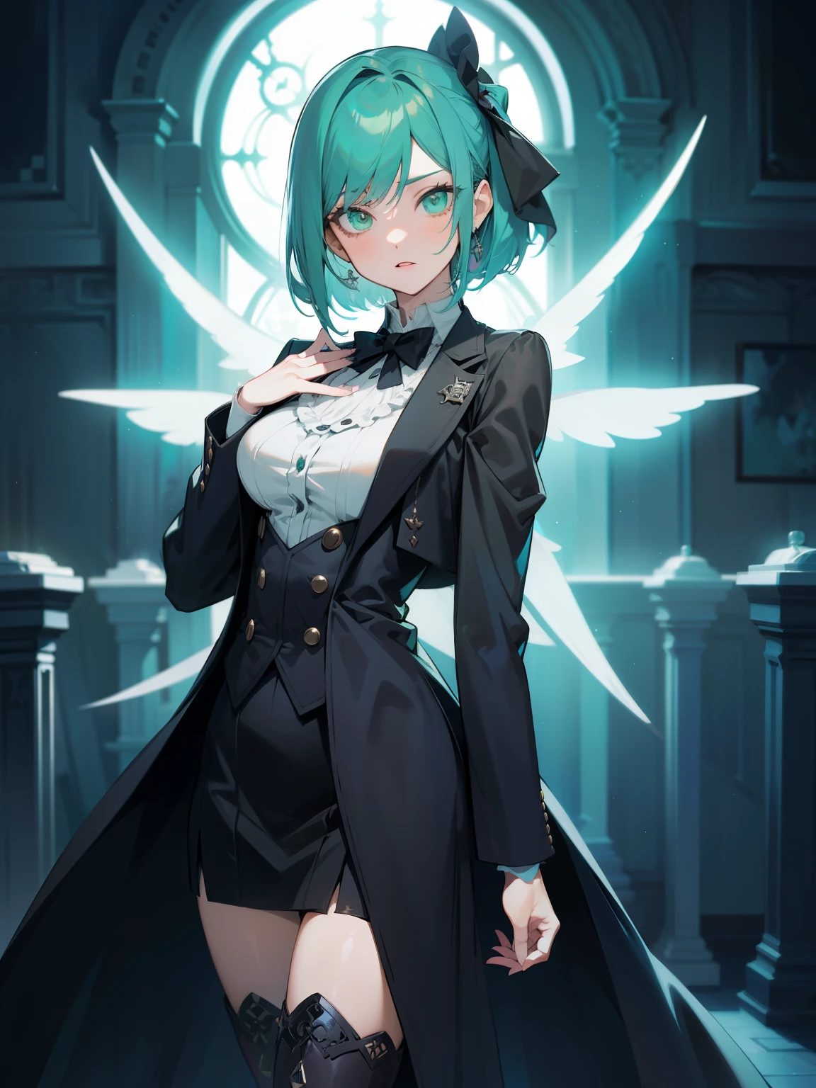 anime female character, shoulder length hair, medium turquoise color hair, bangs, green eyes, vest, boots, full body shot, pose, elegant, bangs, ouji fashion, "Black Butler" inspired outfit., butler outfit, suit, coat, anime, Gothic art, anime, Gothic art, masterpiece, anatomically correct, accurate, high details, highres, 4K, 8K, highres, 1080P, super detail, masterpiece, anatomically correct,