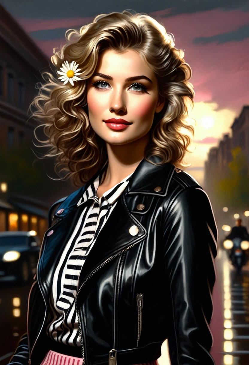 A classical style oil painting of a young woman with wavy blonde hair, white daisy in hair, deep brown eyes, wearing black leather jacket over striped blouse and gray skirt with pink flowers. Serene expression with warm lighting and elegant and refined atmosphere.