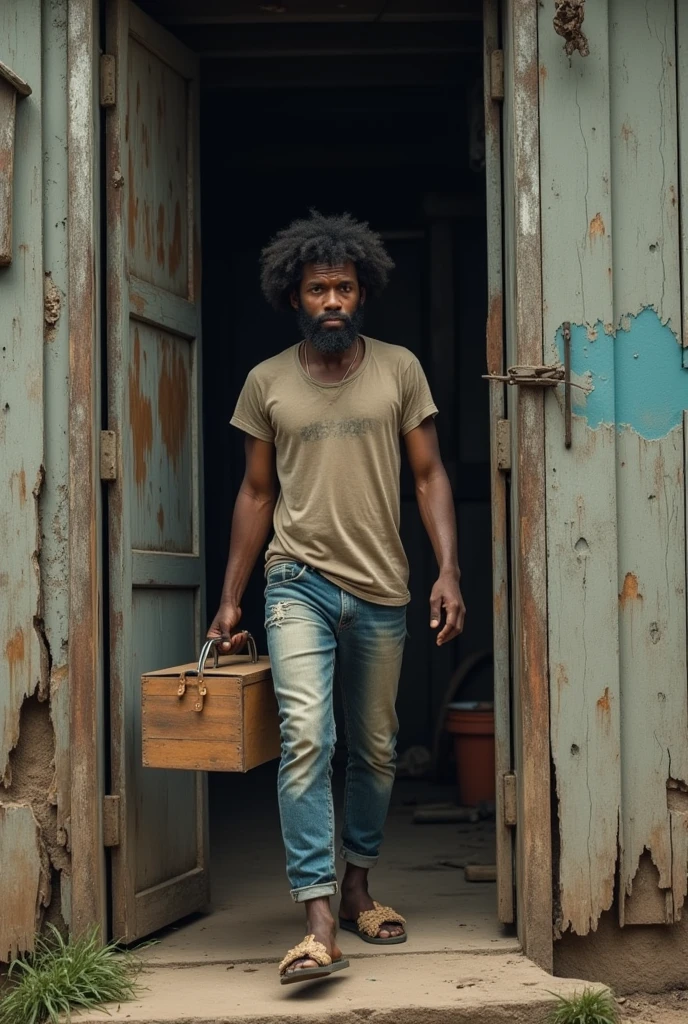 A poor guy with middle afro hair, short in height, dressed in torn jeans and t-shirt, wearing bathing slippers, with a wooden tool box in his hand, stepping out from an old plank house in the ghetto areas