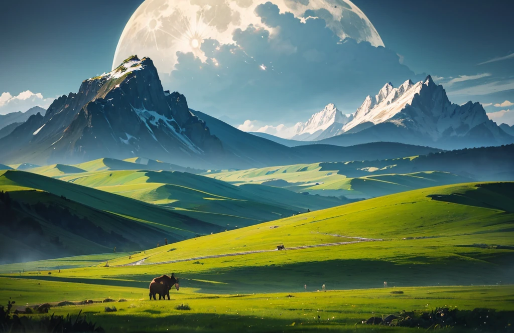 a majestic mystical steppe landscape in the dark. green landscape and green mountains. it is a full moon. mountains and hills in the background.