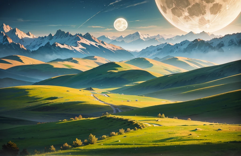 a majestic mystical steppe landscape in the dark. green landscape and green mountains. it is a full moon. mountains and hills in the background.