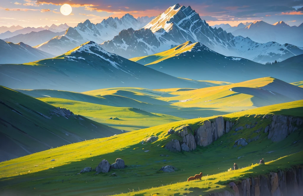 a majestic mystical steppe landscape in the dark. green landscape and green mountains. it is a full moon. mountains and hills in the background.