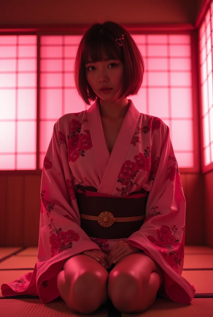 ((Japanese actress))　((Plump and glossy lips))　Big Breasts　((Short brown hair with bangs))　((Looking into the camera))　Sit with your legs apart　((Oiran:1.2　kimono))　Hair tying　hair ornaments　Low angle shot of a person standing facing forward　Looking down　((A bedroom with shoji screens and tatami tatami lit up with pink neon lights))　