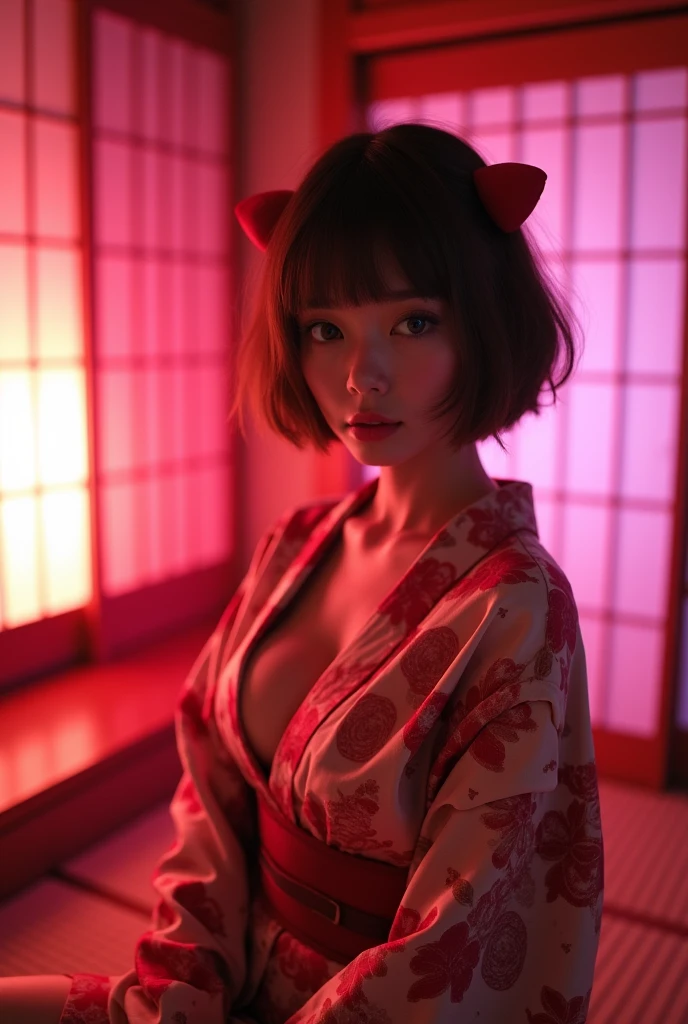 ((Japanese actress))　((Plump and glossy lips))　Big Breasts　((Short brown hair with bangs))　((Looking into the camera))　Sit with your legs apart　((Oiran:1.2　kimono))　Hair tying　hair ornaments　Low angle shot of a person standing facing forward　Looking down　((A bedroom with shoji screens and tatami tatami lit up with pink neon lights))　
