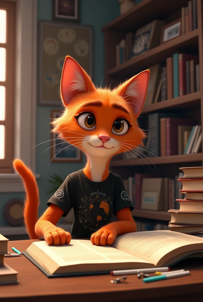 Create a Zootopia-style image of an orange-coated cat, your eyes will be brown, will be wearing a black women's shirt with rock references and the environment will be in a library studying astronomy