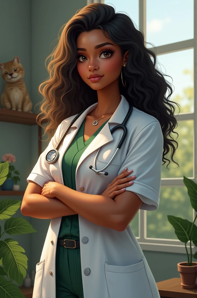 I'm a girl with dark skin, I have dark brown eyes, My hair is long, big fit ass, curly, but it's not that smooth, my smile has straight teeth, my nose is a little rounded, my eyebrow is not that strong, I have a sensual mouth, naturals, and I'm thin, Bullish, I would like to be dressed in relation to my veterinary medicine course.