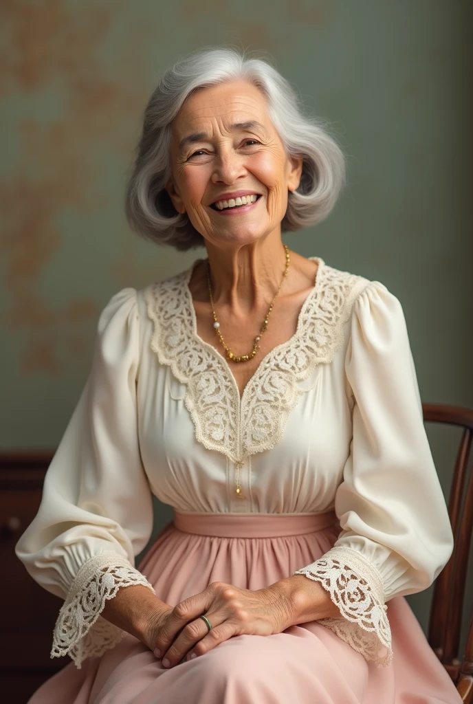 An older grey-haired lady with skirt and white blouse with lace smiling