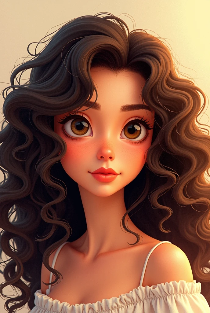 Curly brunette woman long hair animated without background