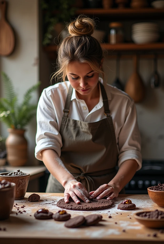 The confectioner is baking a delicious chocolate cookie