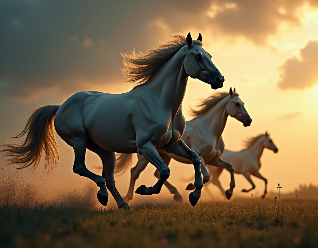 Why do wild horses gallop? With their heads raised and tails waving, their muscles throbbing, their chests racing, they gallop endlessly. In the summer storm, towards the lightning, the wild horses gallop endlessly, but one day the horses stop. A mystery of nature.(wonder) Perhaps feeling it, the wild horse closes its eyes, motionless like a bronze statue. Why does it keep galloping? It stretches its neck, swings its tail, and the throbbing of life in its heart keeps galloping endlessly. Under the summer sun, the wild horse keeps galloping endlessly, heading for the truth.