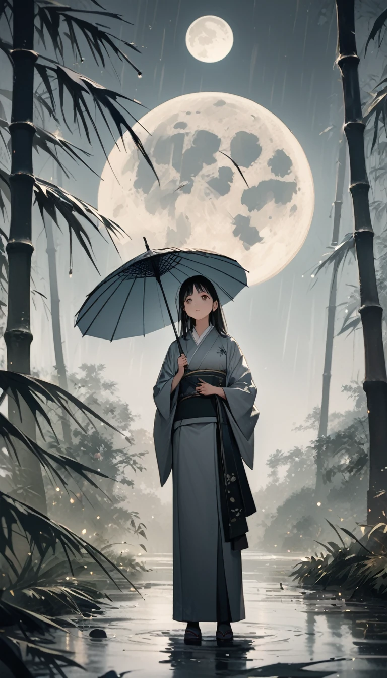dynamic ink painting of a bamboo grove of japan, great art, great sense of depth, ground level shot, the most beautiful bamboo grove in the world, bamboo leaves shining through rainwater, moon\(pale blue\) with a light overcast,solo, beautiful 1girl\(ancient Japanese noble, beautiful kimono, beautiful long black hair\) looking up at the moon holding an umbrella,raining softly, fireflies flying around, bamboo leaves are placed three-dimensionally in the foreground, long shot,colorless,full body