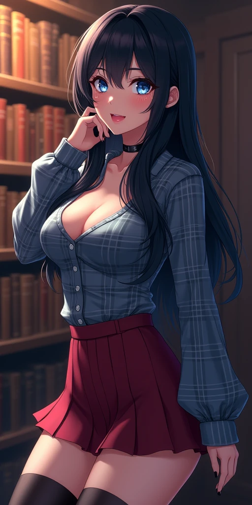 (best quality, ultra-detailed, photorealistic: 1.39), bright and vibrant colors, studio lighting, romantic expression, An effeminate girl, with a delicate and beautiful face. She is a girl who reflects seductive beauty, sparkling eyes, A beautiful adult woman beautiful and silky black hair, with her large breasts seduces, long-sleeved plaid print blouse, pleated skirt with socks with supports, with her blue eyes that matches her soft smile, in a beautiful pose demonstrating her seduction in the book library, night with soft lighting, anime style, like a manwha character