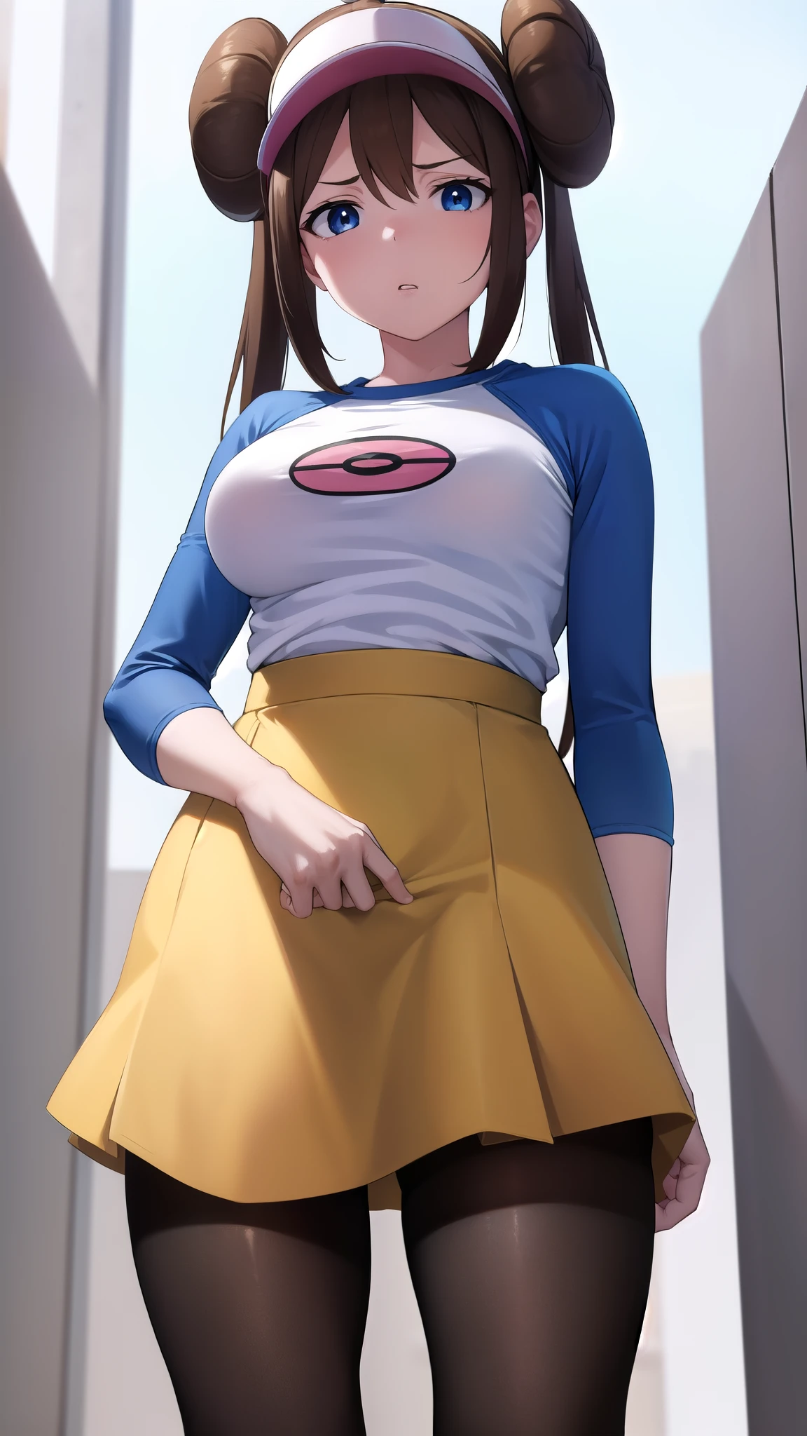 Rosa, Rosa, Brown Hair, Double Bang, doughnut Hair Bun, Hair Bun, blue eyes, Hair between the eyes, Twin tails, Large Breasts, Open your mouth,
break pantyhose, (Pantyhose under shorts), Raglan sleeves, skirt, (yellow skirt), White shirt, Blue Sleeve, Long sleeve, Visor Cap,
break looking at viewer, Upper Body, whole body,
break outdoors,
break (masterpiece:1.2), Highest quality, High resolution, unity 8k wallpaper, (figure:0.8), (Beautiful attention to detail:1.6), Highly detailed face, Perfect lighting, Highly detailed CG, (Perfect hands, Perfect Anatomy),((((Disgusted)))),pussy line,(from below),