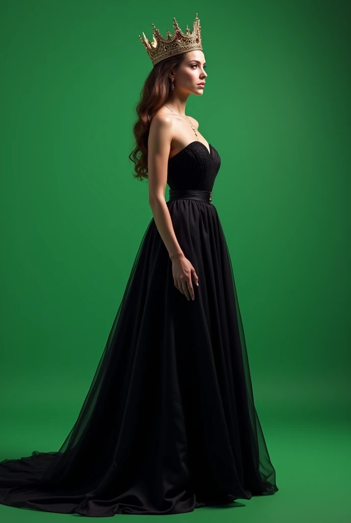 crown on the head ,A queen , black queen dress, side full viewed , long view
, plain green screen background