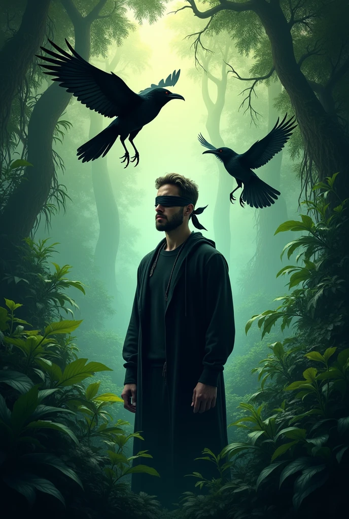 Blindfolded man in the jungle with two black birds flying over his head