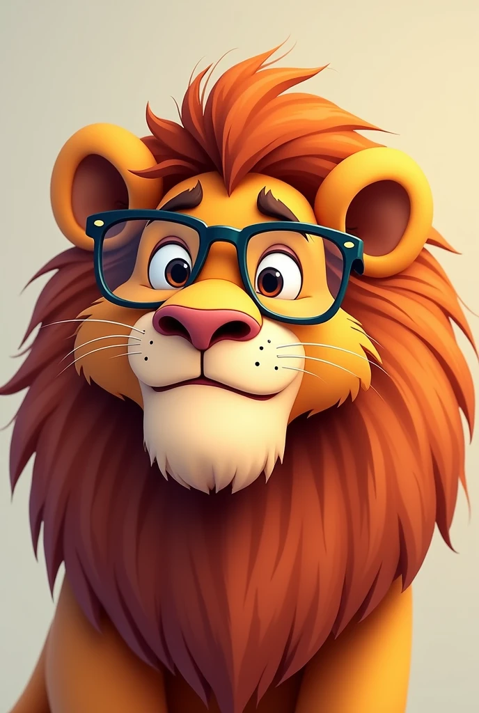 Smooth Quality, Ultra 8k HD, Male lion cartoon with glasses, Face only, it can look anywhere it wants