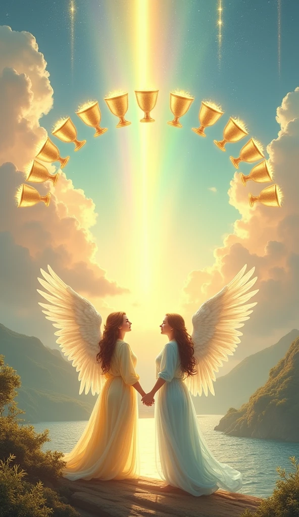 Design a celestial and harmonious image for the “Ten of Chalices” card, inspired by the traditional Rider-Waite tarot but adapted for the “Lumen Angelis” deck with an angelic and celestial theme. In the foreground, a couple appears, a man and a woman, serene and joyful angels, standing, holding hands, their backs facing upwards, radiating love and divine connection. Both angels wear iridescent robes, one in soft gold and the other in pale blue, and their wings gently touch, symbolizing unity and emotional wholeness.
In the background, a radiant rainbow crosses the sky, shimmering with ethereal light and casting a peaceful glow over the scene. Beneath the rainbow, it depicts a celestial landscape with a flowing crystalline river, lush with divine vegetation, and a small celestial city or temple shimmering in the distance, symbolizing a heavenly home filled with harmony and peace.
IMPORTANT: Above the angelic couple, arrange ten golden chalices in a semicircle, floating slightly above the ground and filled with a soft, glowing light, representing the culmination of emotional fulfillment and divine blessings. The sky is filled with soft, swirling pastel-colored clouds, and delicate rays of light descend from the heavens, highlighting the couple and the chalices. The whole scene should evoke a sense of wholeness, perfect harmony and the ultimate expression of divine love and family unity, capturing the essence of the deck.