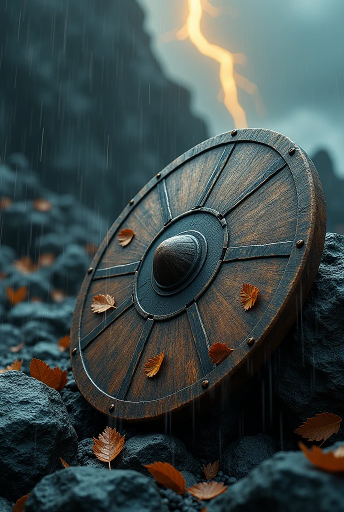 round shaped wooden sharpe shield on black rock with heavy rain and yellow thunder weather condition, There should be elephant symbol on the shield. With some leafs on flaying on air