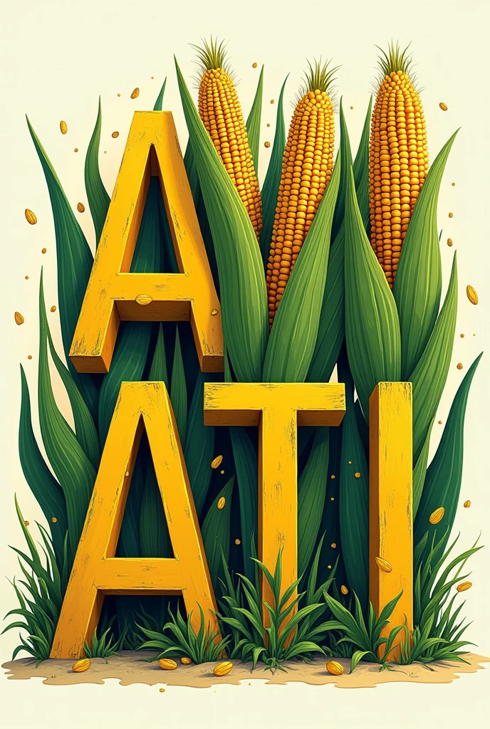 The word AVATI, written in capital letters and in bold letters, head on, painted inside the letters with colors (green and yellow) 
and characteristics of corn