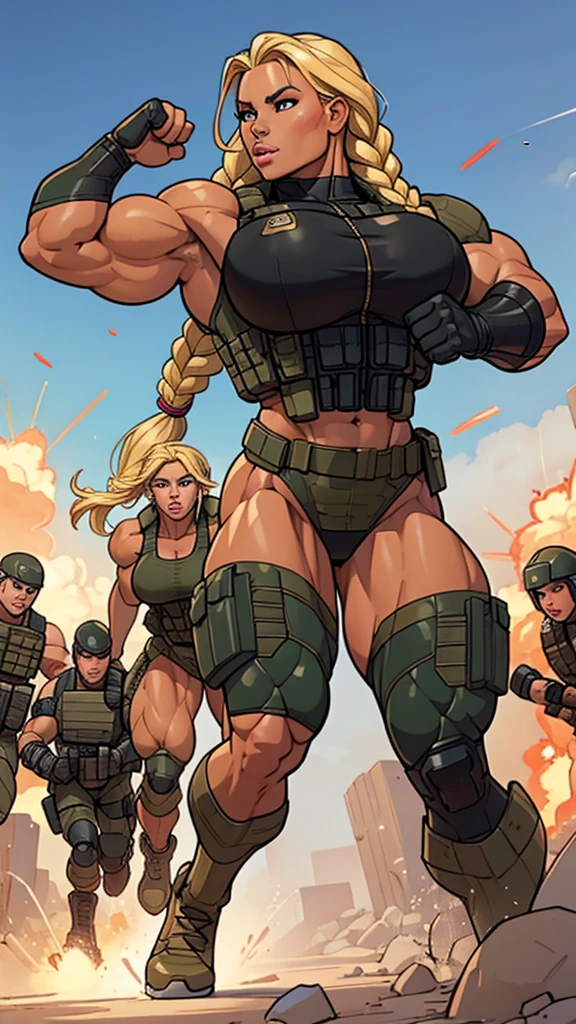 Best Quality, Masterpiece, super high resolution, bimbo, huge breasts, very thick legs , hillo thong, three beautiful blonde soldiers standing at attention doing a military salute in the middle of a bombardment, Military salute at attention.  military bikini。 Military helmet 。sweaty。Standing at attention waiting for orders .。Excellent proportional body。military bikini, whole body, makeup, cheek bulge, (realism:1.5)