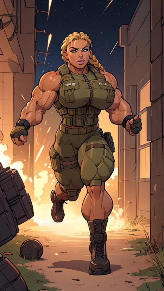 1girl, super soldier girl, coloured sketch, beautiful woman, blonde stylish haircut, extremely tanned, wearing special forces military suit, long baggy pants, strong well defined muscle, bulky powerful bodybuilder physique, muscular arms, perfect and flawless musculature, great muscle definition, perfect muscular body, massive muscular thighs, perfect round fake breasts, running in the mid of the battle, explosions,