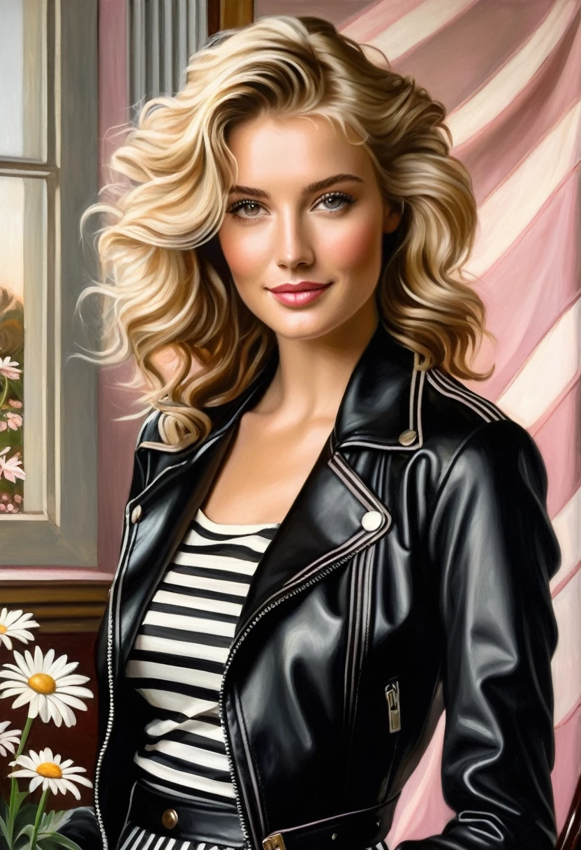 A classical style oil painting of a young woman with wavy blonde hair, white daisy in hair, deep brown eyes, wearing black leather jacket over striped blouse and gray skirt with pink flowers. Serene expression with warm lighting and elegant and refined atmosphere.