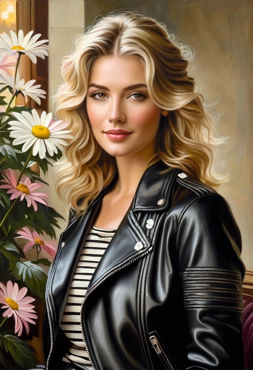 A classical style oil painting of a young woman with wavy blonde hair, white daisy in hair, deep brown eyes, wearing black leather jacket over striped blouse and gray skirt with pink flowers. Serene expression with warm lighting and elegant and refined atmosphere.