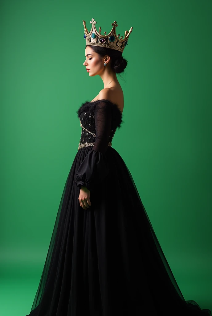 crown on the head ,A queen , black queen dress, side full viewed , long view 
, plain green screen background 