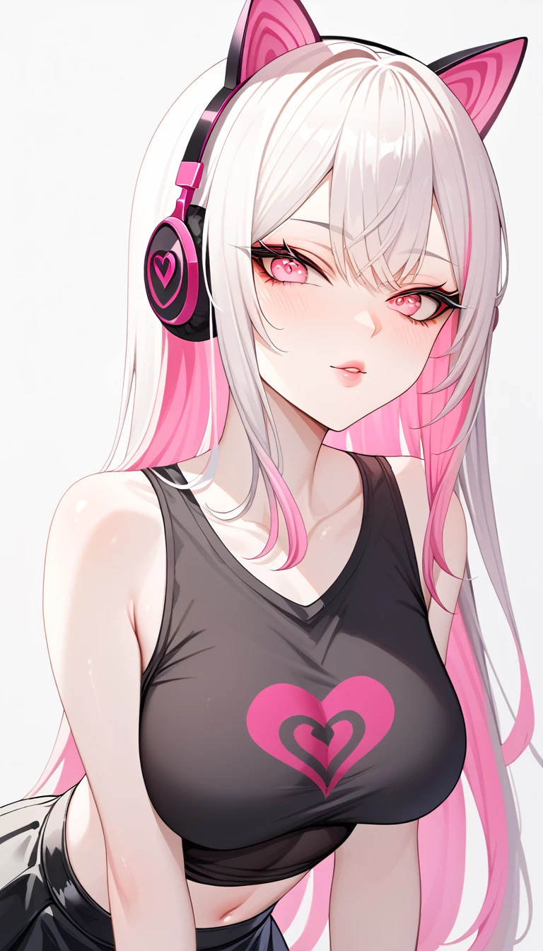 1 Girl, Medium Breasts, Demon Girl, Long White Hair, Pink Highlights In Hair, Smooth Skin, Pale Skin Tone, Nice Eyes, Light Pink Eyes, Nice Lips, Light Blush, Anime Goth Demon Girl, Wearing a Black Skirt and Lace Crop Top Shirt, Choke, Wearing Cat Ear Headphones, Ulzzang, Upper Body Shot, Close Up, Bending Over