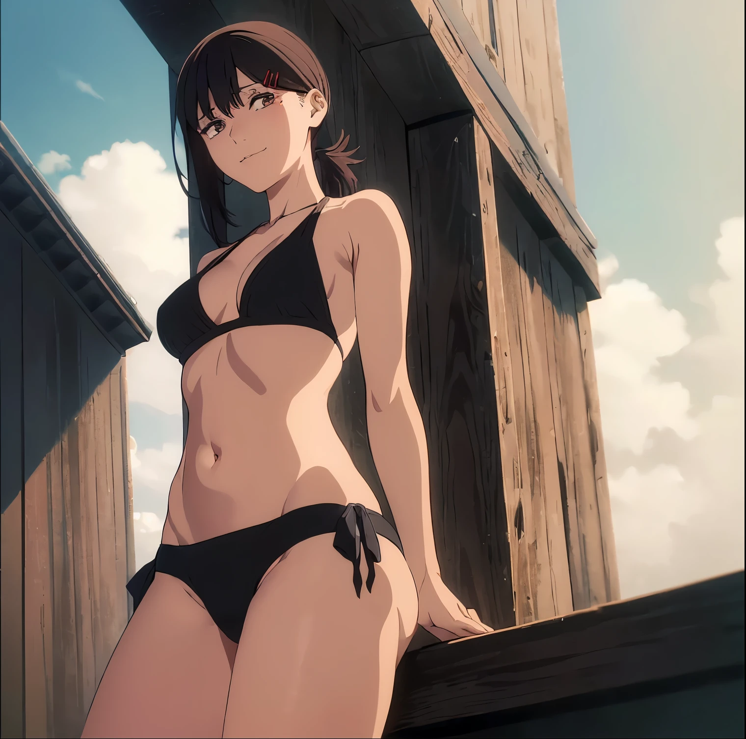 ((1girl)),((alone)),kobeni higashiyama, ( chainsaw-man),(masterpiece), (best quality), (ultra detailed), (best illustration), (best shadow), (absurdities), sharp focus, cowboy shot, atmospheric perspective, depth of field, dynamic posture, ((looking at viewer)), medium breasts, narrow waist, wide hips, wide thighs, round butt, erotic, romantic, (highly detailed eyes, lips 1.1), highly detailed eyes, eyes, Highly detailed face, Very beautiful face, Symmetrical face, Aesthetic face, perfect face, perfect eyes, detailed eyelashes: 1.5), full height, beautiful slim figure, femininity, expressive appearance, elastic medium breasts , sexuality, parted lips, black hair, hair ornament, hair pin, red hairpin, mole, mole under the eye, ponytail, short hair, (brown eyes: 1.5), ((black bikini: 1.4) ),((swimsuit)),(( ruffled)),((neckline:1.2)), ((bare legs:1.4)), ((bare arms:1.3)), ((navel:1.4)) ,curves, defined body,Perfect and beautiful body, perfect and beautiful, closed mouth, nervous expression, nervous smile, blushing, (sexy pose: 1.2), ((solo)), standing: 1.3,((outdoor, beach, sea ,sunny,sand,clouds,clear sky)), Looking back,from behind,((focus on butt:1.4)), point of view:(from below), perfect anatomy, perfect hands