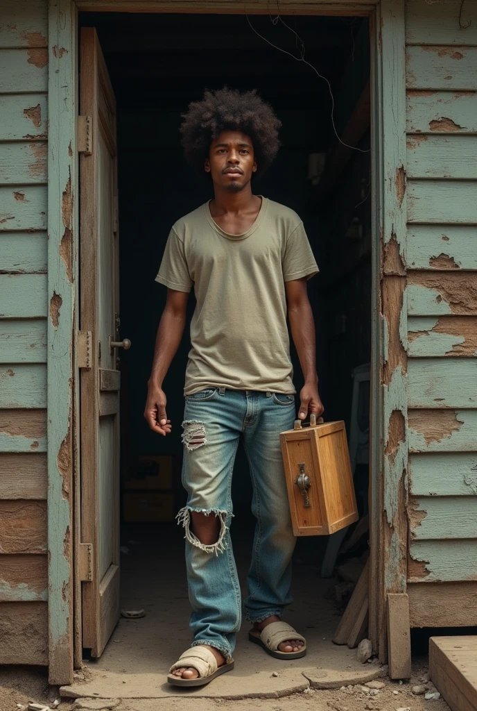 A poor guy with middle afro hair, short in height, dressed in torn jeans and t-shirt, wearing bathing slippers, with a wooden tool box in his hand, stepping out from an old plank house in the ghetto areas