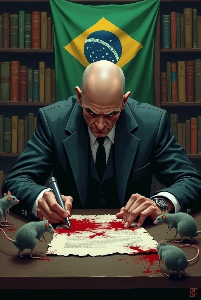 Create a macabre scenario where an authority is in a judge&#39;s office. This authority signs a blood-stained document and rats run over the document on the table. Place a bookshelf with books behind the table with a torn Brazilian flag behind it. This authority is completely bald and has a somber expression. 