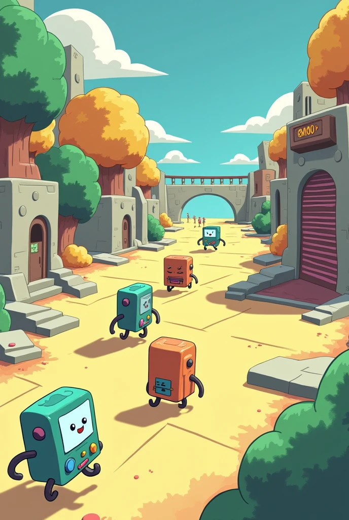 (3D game screenshot), ((third-person camera view)), stylized casual game. Main character is BMO robot from Adventure Time cartoon. Multiple similar robots running around the level. Level design resembles a test chamber. Colorful, playful atmosphere. Cartoon-style graphics, simple textures. Isometric view, game UI elements visible. Adventure Time inspired, puzzle-platformer aesthetics. Game development, 3D modeling, character design