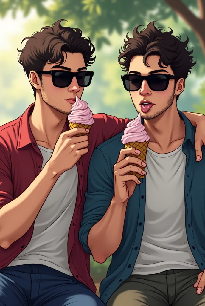 Square face men, 2, short medium curly hair, black square sunglass, black sit shirt, he eat ice cream, lick tongue