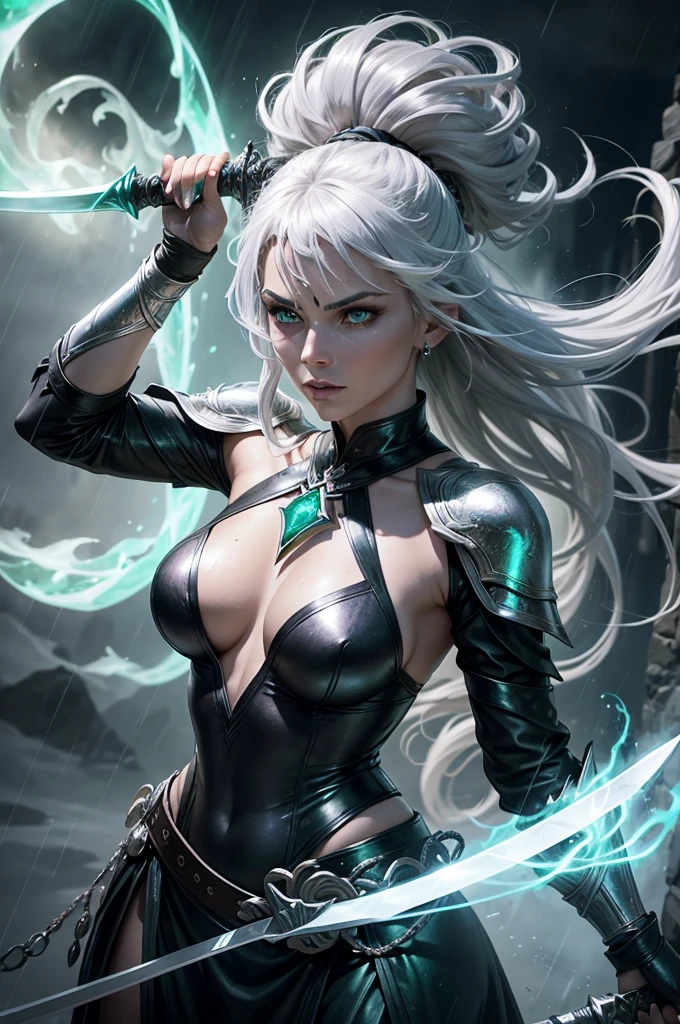 A mystical warrior woman with silver hair, glistening emerald green eyes, and black leather with deep neckline, her left hand holds a glowing orb and her right hand holds a shimmering silver long sword, standing in rain of fire