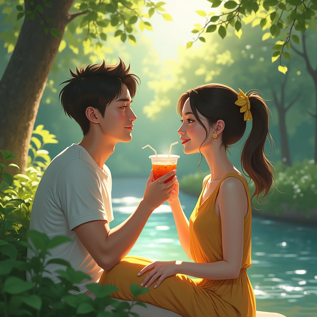 A woman trying a paperboat juice and enjoying it along a man