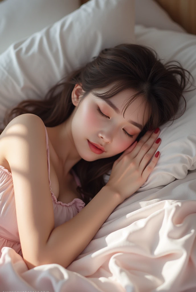 Nikon photo in RAW format, 8 thousand., Fujifilm XT3, masterpiece, shirtPink quality, realistic, photorealistic, (lying in bed), (sheets), (lying on a pillow), (giggle: 1.1), Best quality, (detailed facial features), (eyelashes: 1.1), (depth of field: 1.1), (chromatic aberration: 1.1), (caustic: 1.1) goddess