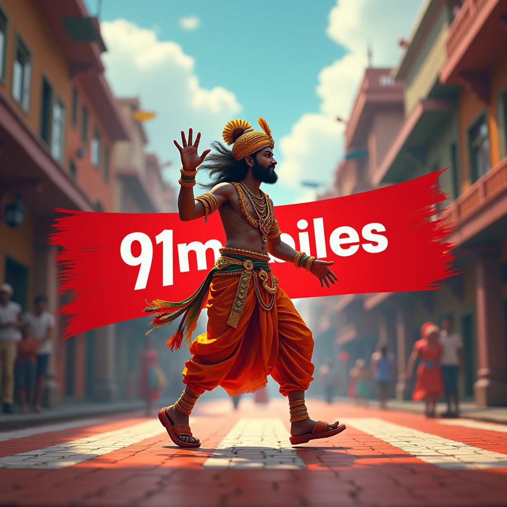 A flamboyant Hindu crosses a browser screen with red tape to display the 91mobiles website.featuring
