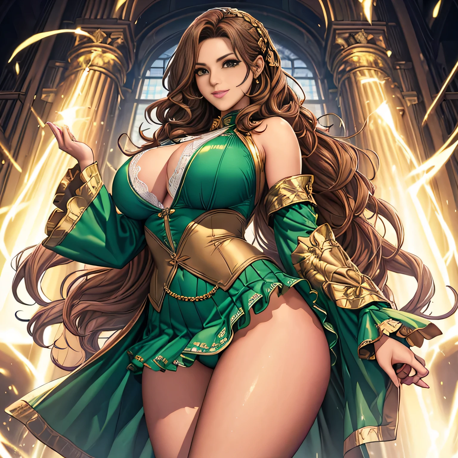 woman((30 years old)), hair((wavy, golden brown)), eye((smart eye, green))、wearing panties、smile, proudly, random hairstyles, accessories,super mini skirt,transparent lace costume,revealing costumes、golden costume、